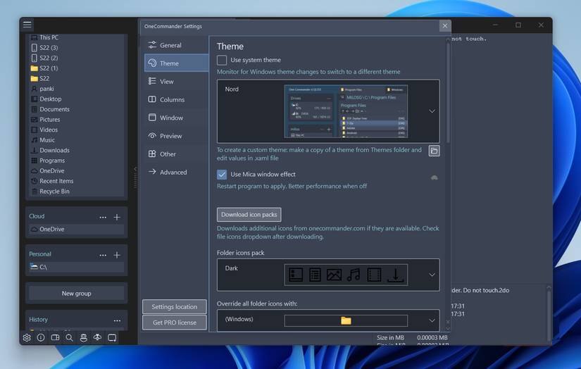 Tùy chọn theme của OneCommander