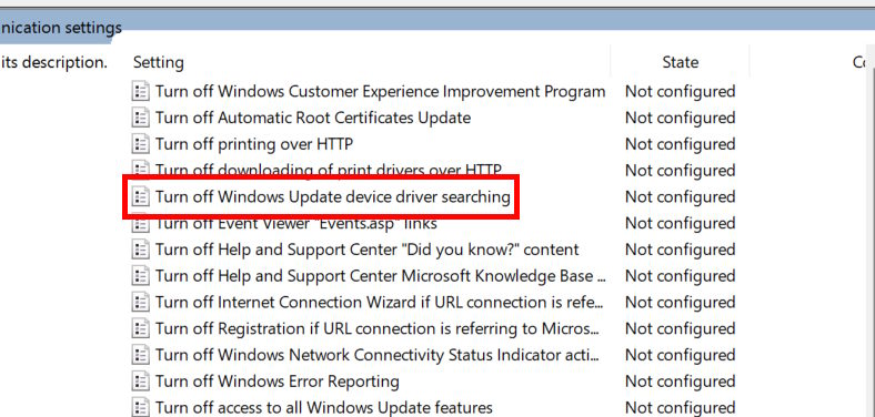 Turn off Windows update device driver searching