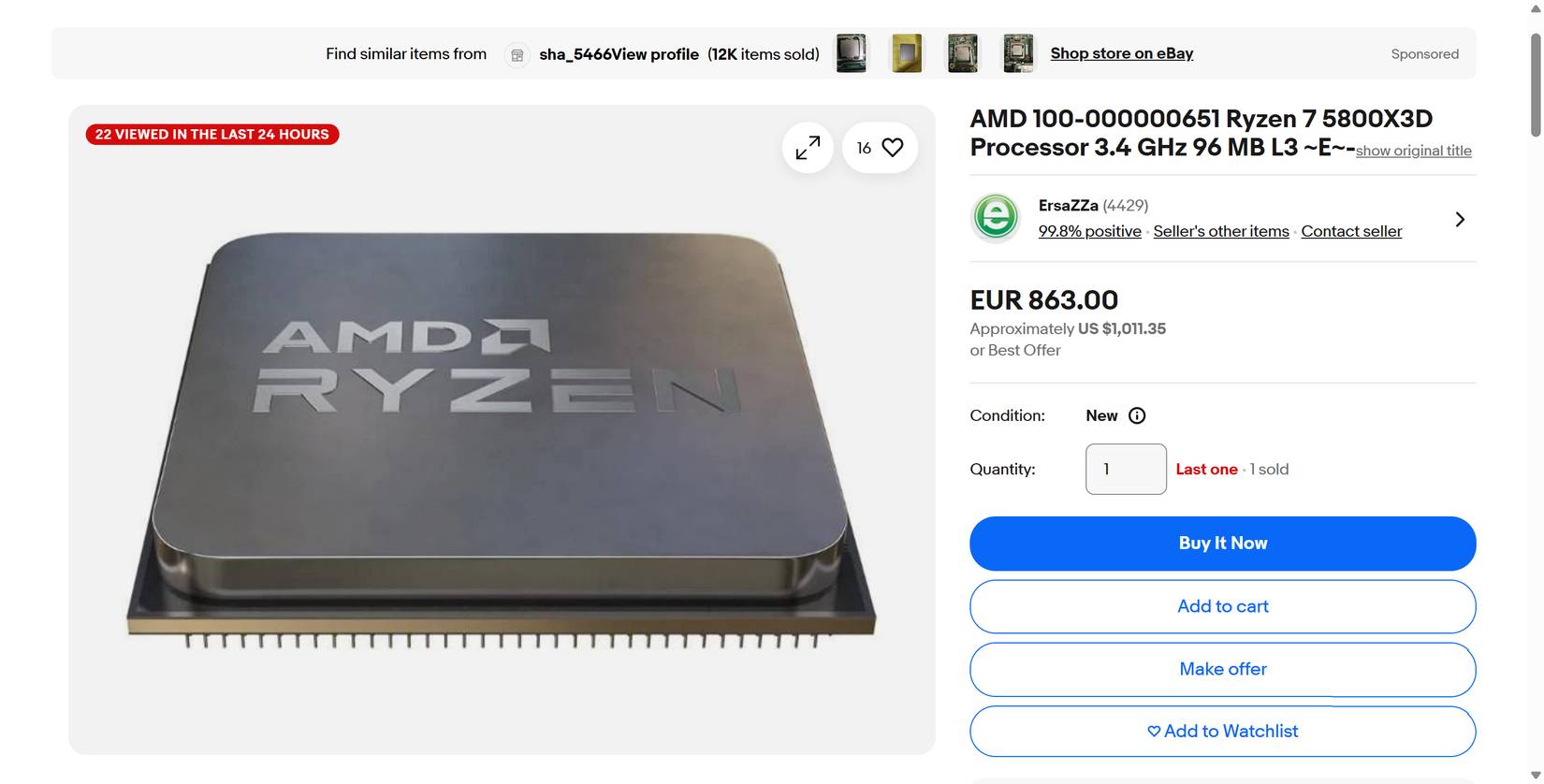 AMD Ryzen 7 5800x3D được rao bán trên eBay với giá 1000 USD