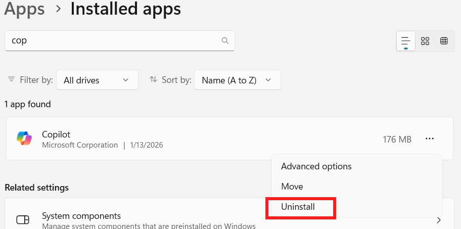 Gỡ ứng dụng Copilot trong Windows