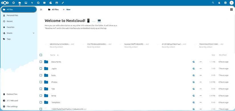 Giao diện trang chủ Nextcloud