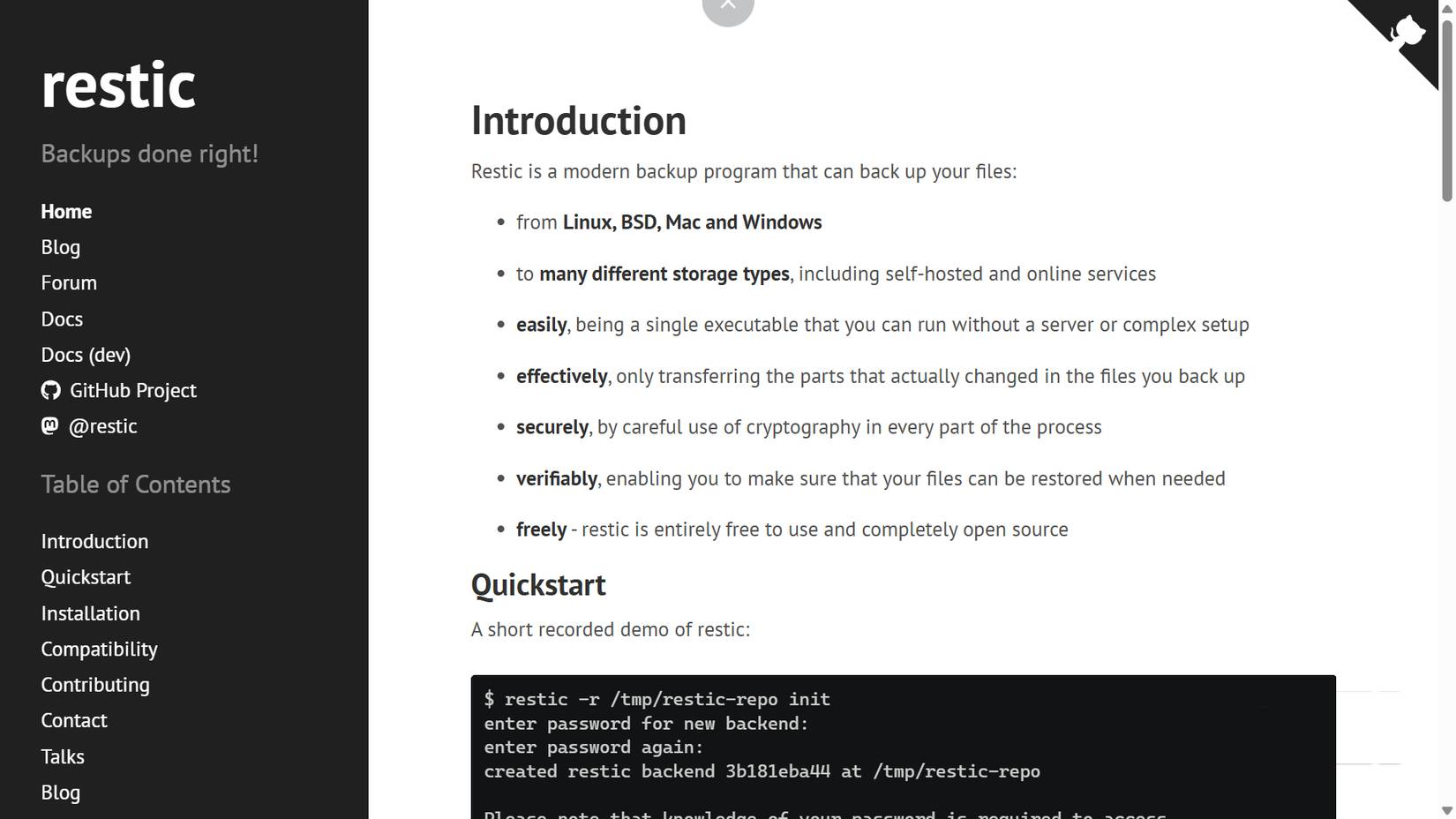 Trang tài liệu của Restic giới thiệu chương trình sao lưu với danh sách các tính năng chính và hướng dẫn nhanh