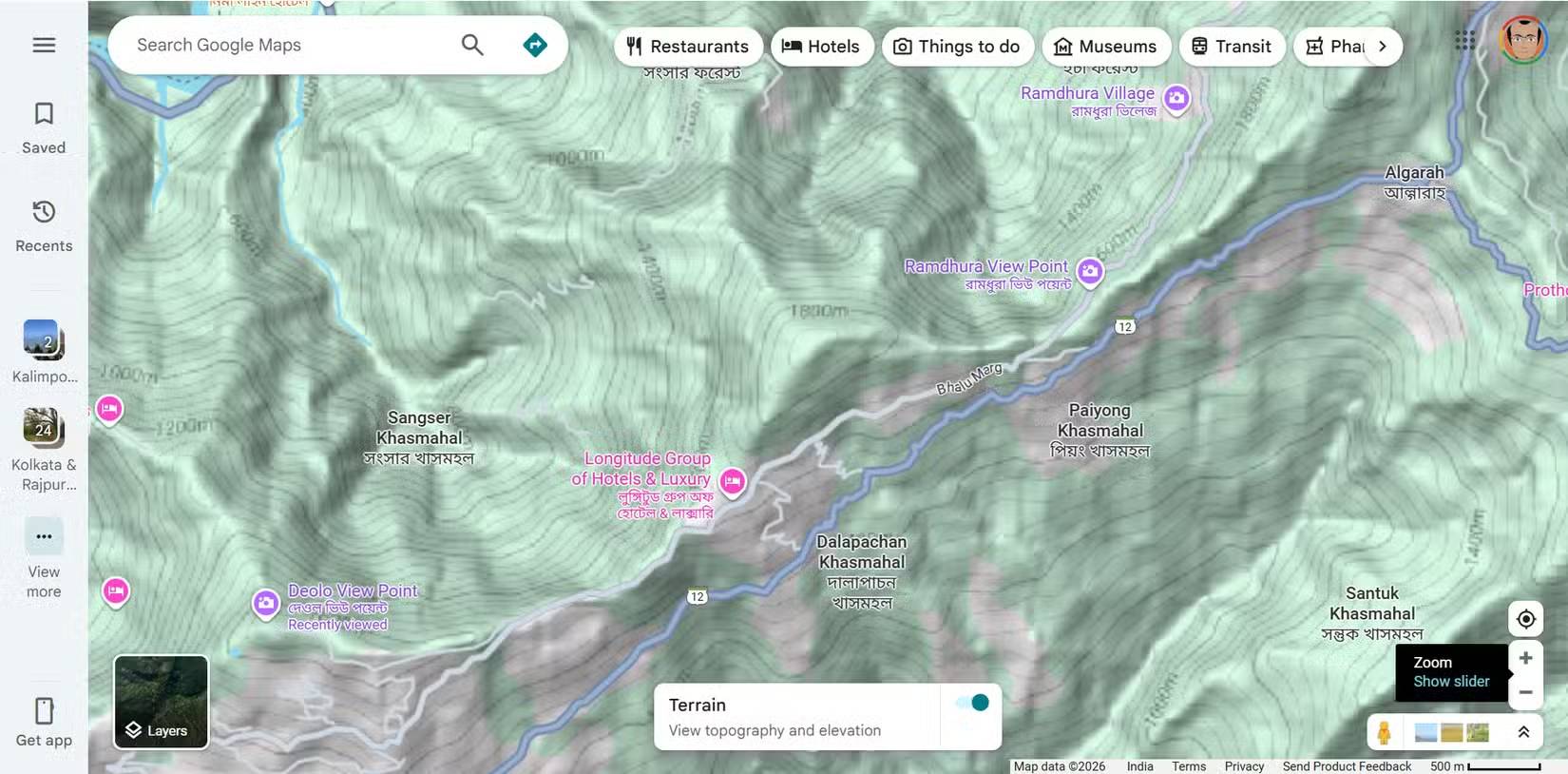 Chế độ xem địa hình của Google Maps hiển thị sự thay đổi độ cao cho nhiếp ảnh phong cảnh