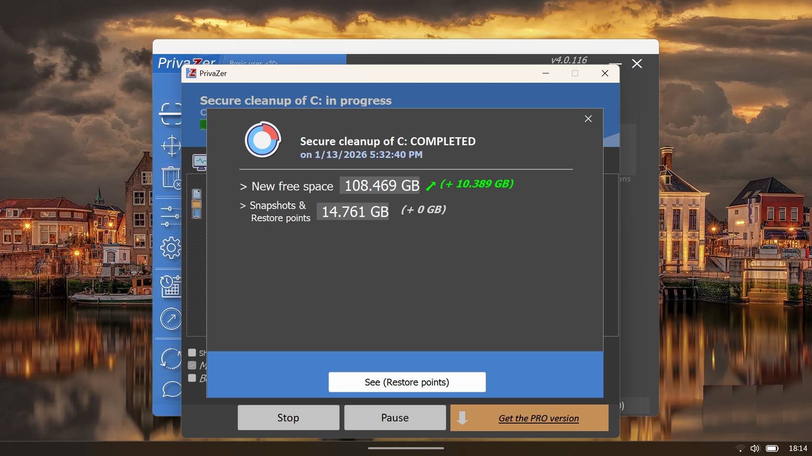 Hộp thoại hoàn tất dọn dẹp an toàn của PrivaZer hiển thị hơn 10 GB dung lượng ổ đĩa mới được khôi phục
