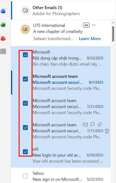 Chọn nhiều email Outlook trên máy tính