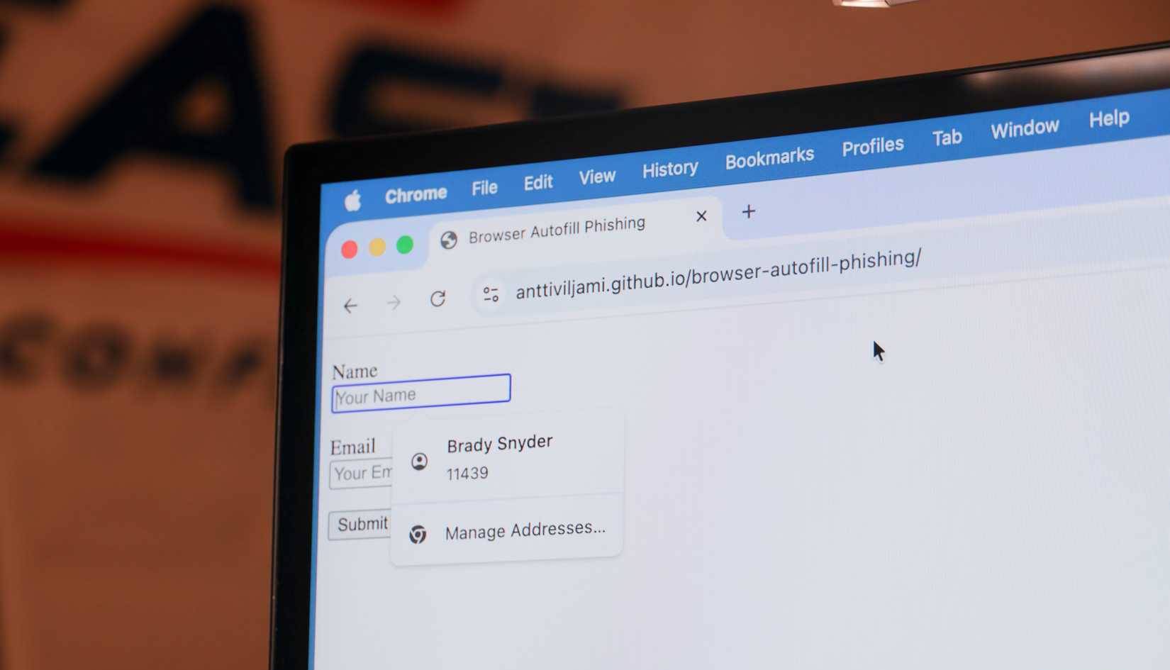 Một ví dụ về biểu mẫu tự động điền trong Google Chrome