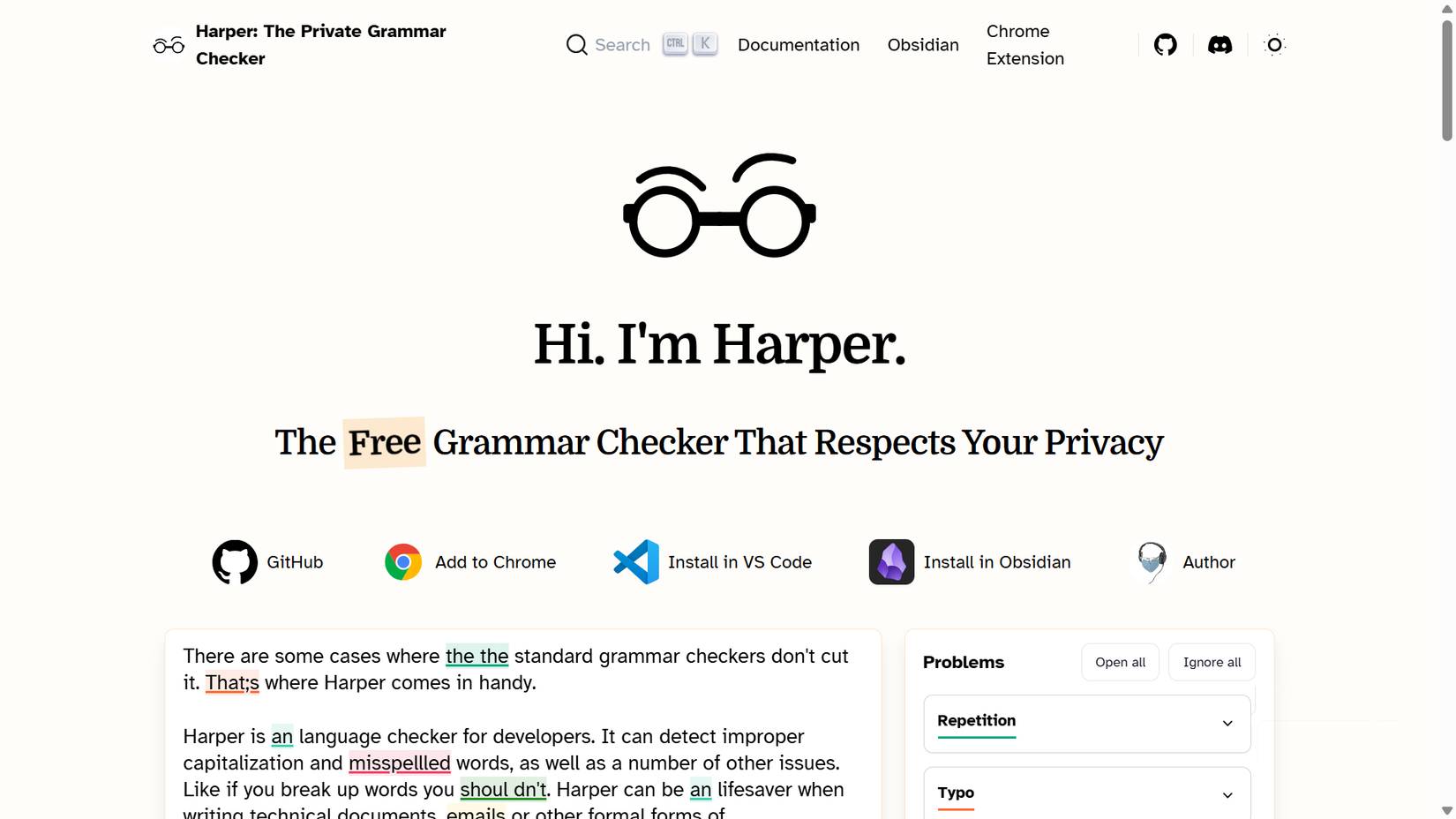 Trang chủ của Harper, hiển thị các nền tảng được hỗ trợ như VS Code và Obsidian