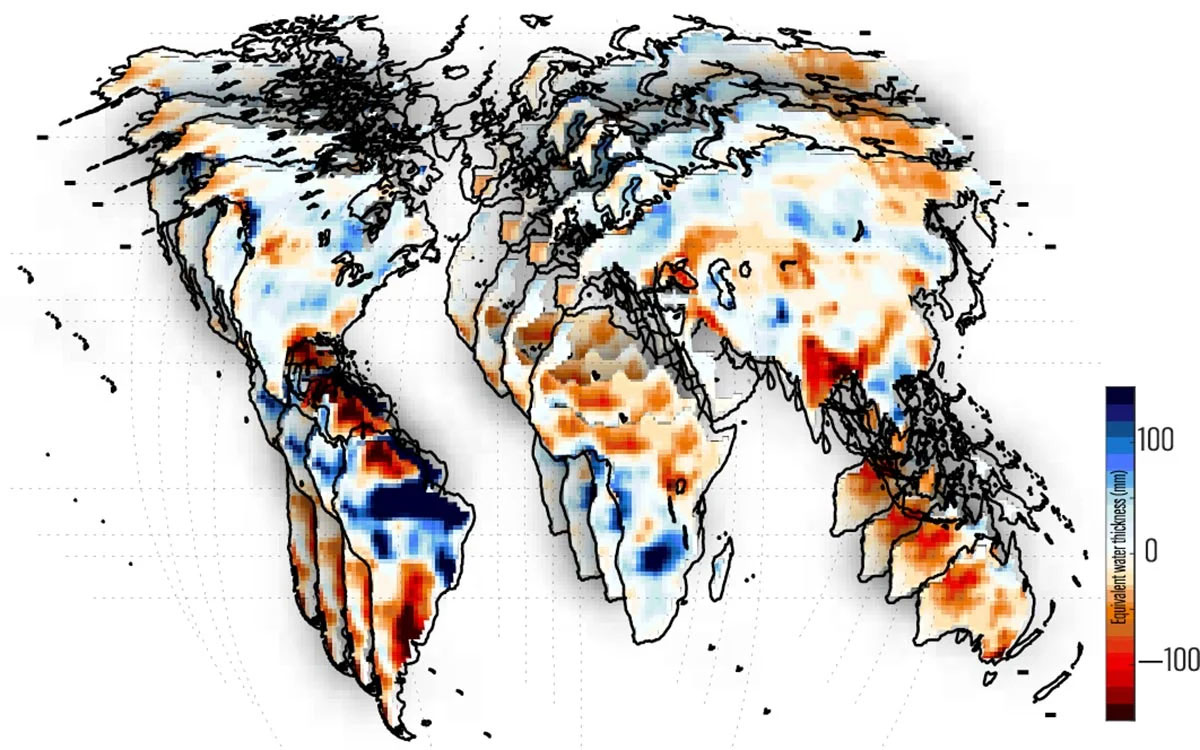 Hình ảnh cho thấy những bất thường cực độ về lượng nước dự trữ trên toàn thế giới được phát hiện bởi các vệ tinh GRACE và GRACE Follow-On từ năm 2002-2024.