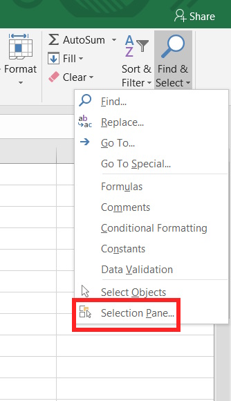 Mở Selection Pane Excel
