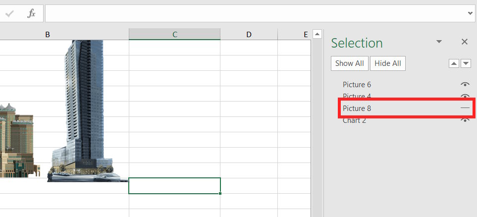 Ẩn đối tượng trong Selection Pane Excel