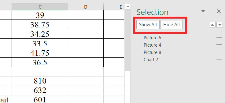 Ẩn các đối tượng trong Selection Pane Excel