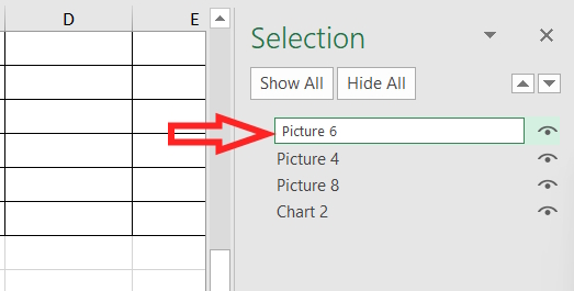 Đổi tên đối tượng trong Selection Pane Excel