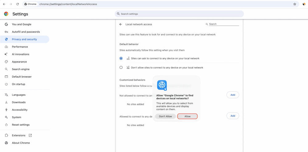 Cho phép Chrome tìm thiết bị qua mạng