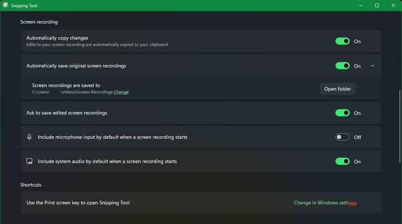 Menu cài đặt của Snipping Tool