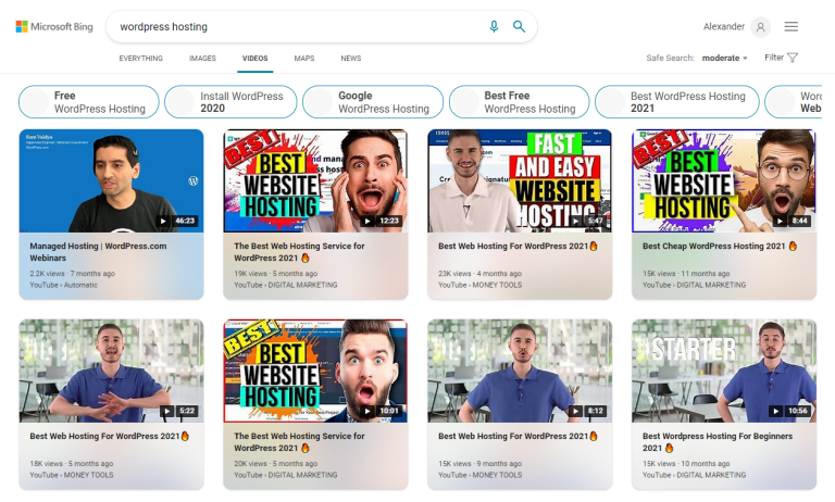 Kết quả tìm kiếm video trên Bing