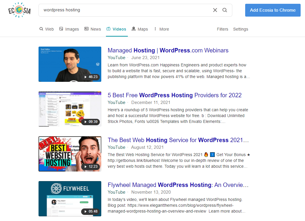 Kết quả tìm kiếm video trên Ecosia