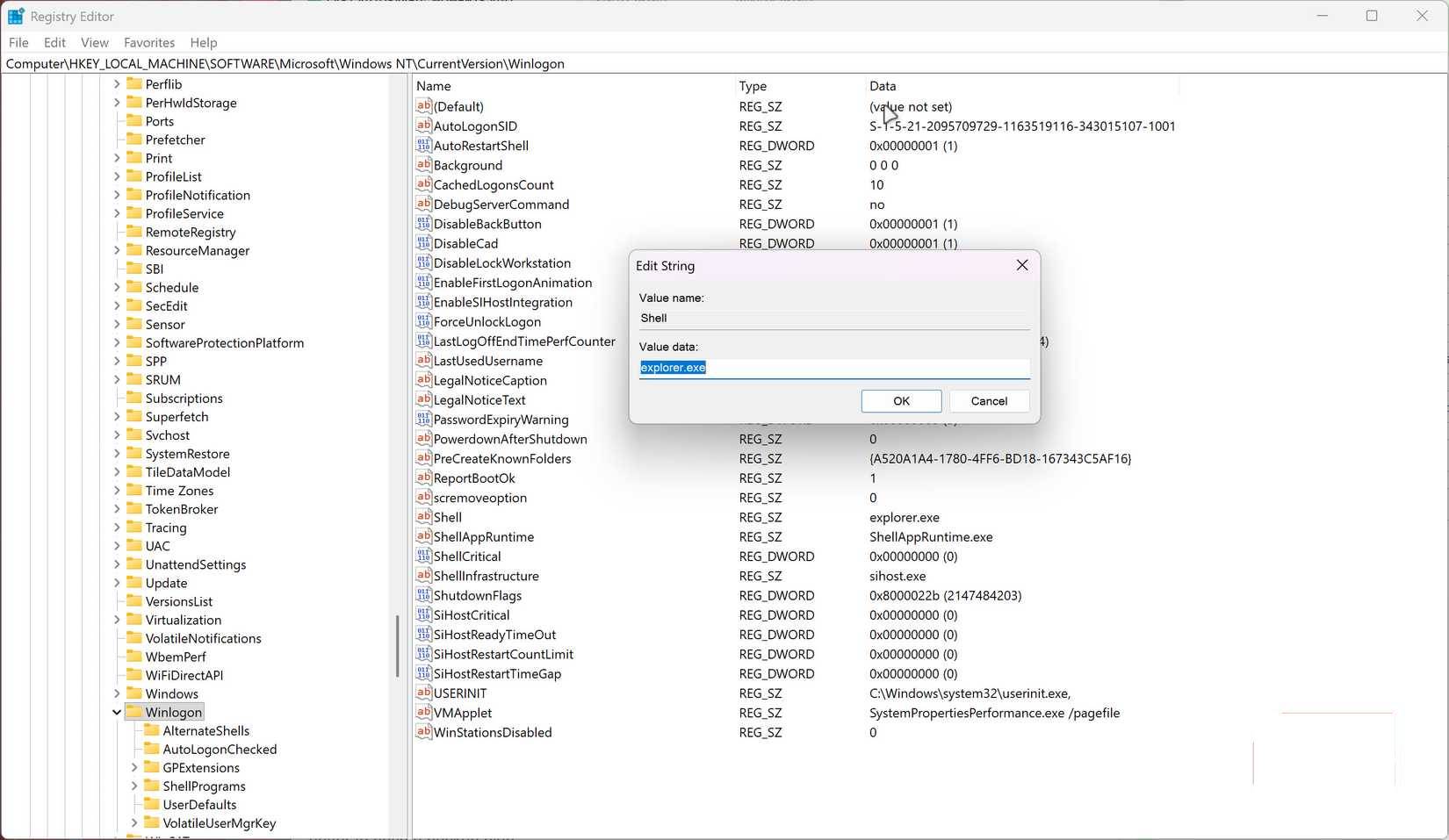 Trình chỉnh sửa Registry với key shell của Windows