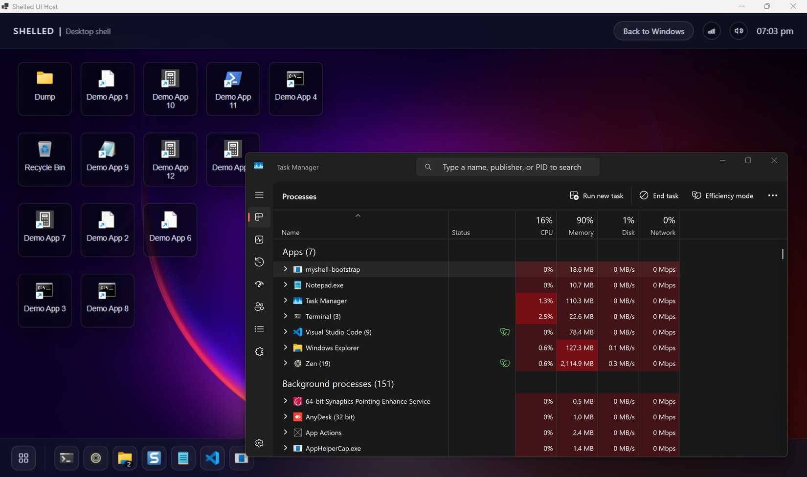 Shelled chạy với Task Manager