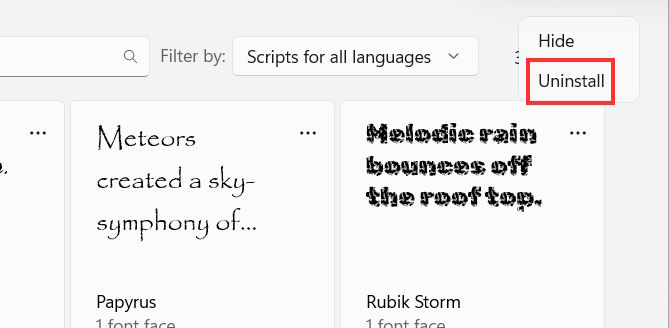 Gỡ cài đặt font chữ trong Settings