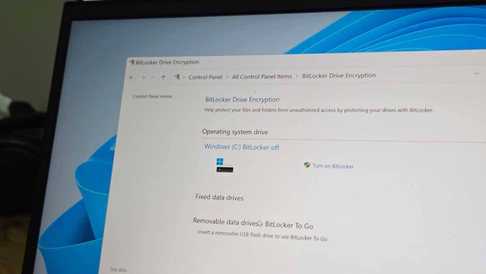 Tùy chọn mã hóa Bitlocker được mở trong Control Panel trên Windows 11