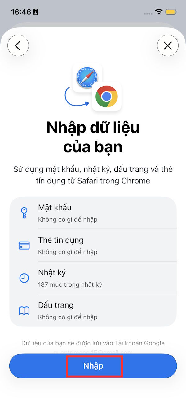 Nhập dữ liệu từ Safari vào Chrome 