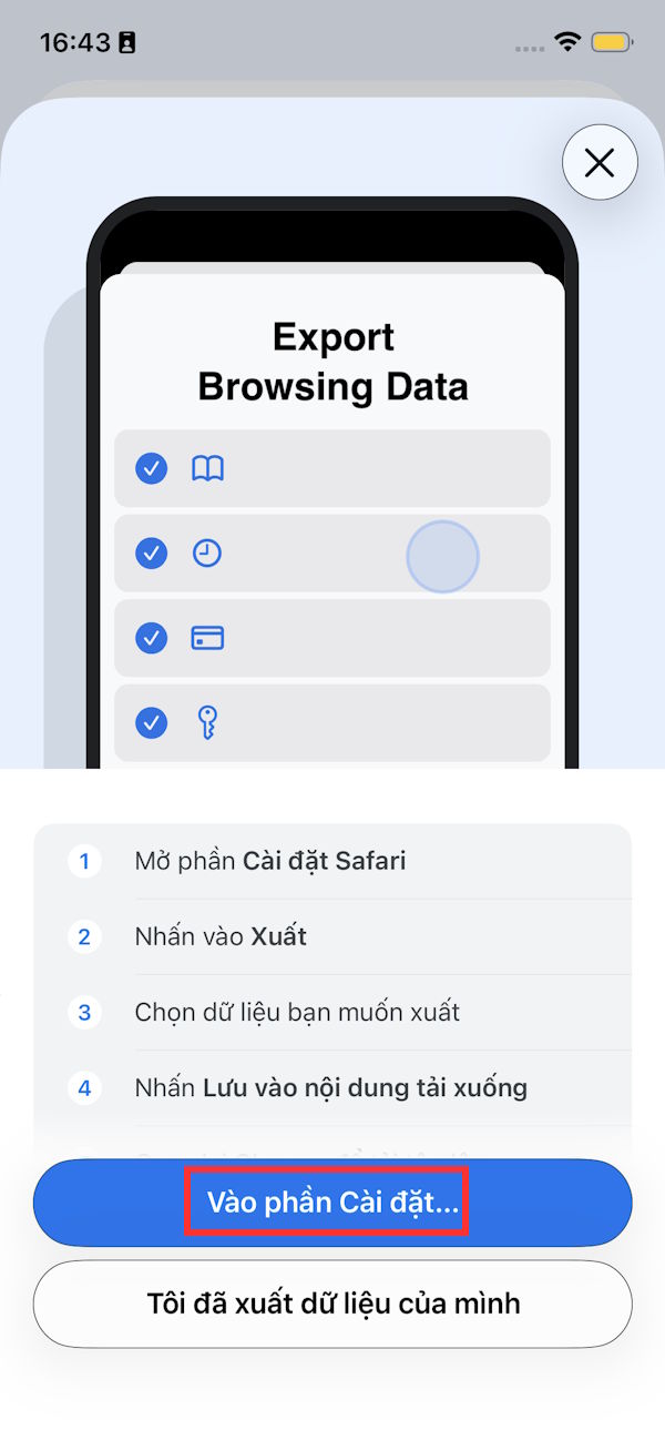 Truy cập cài đặt Safari