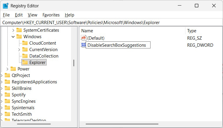 Tạo giá trị DisableSearchBoxSuggestions