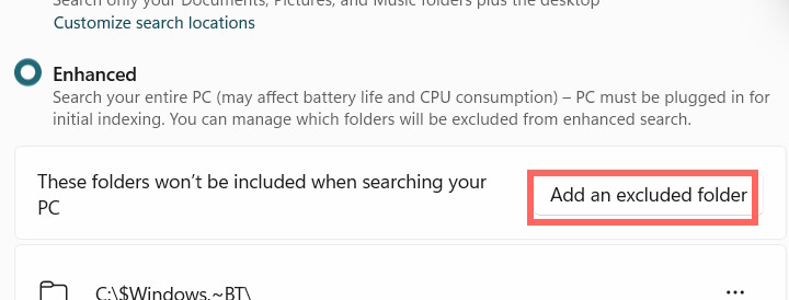 Thư mục loại trừ tìm kiếm nâng cao trên Windows 11