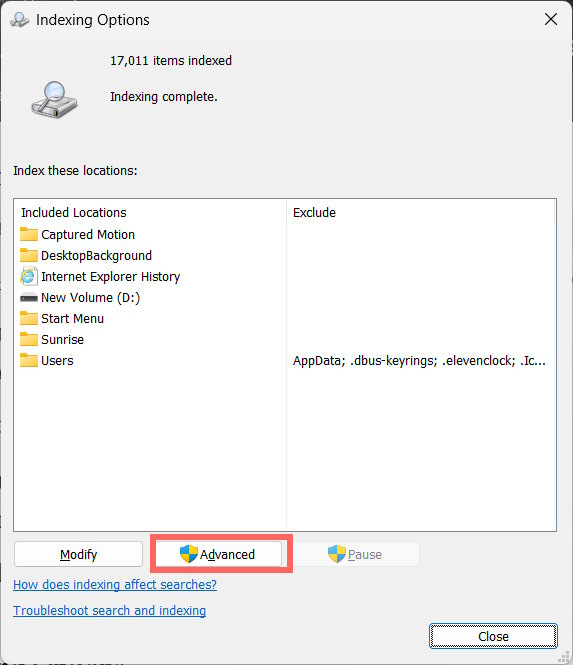 Indexing Options Advanced