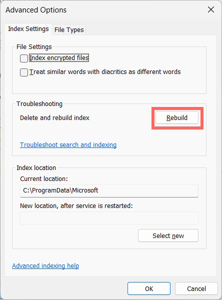 Xây dựng lại chỉ mục tìm kiếm Windows