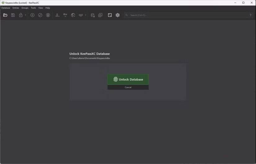 Trang mở khóa cơ sở dữ liệu KeePassXC