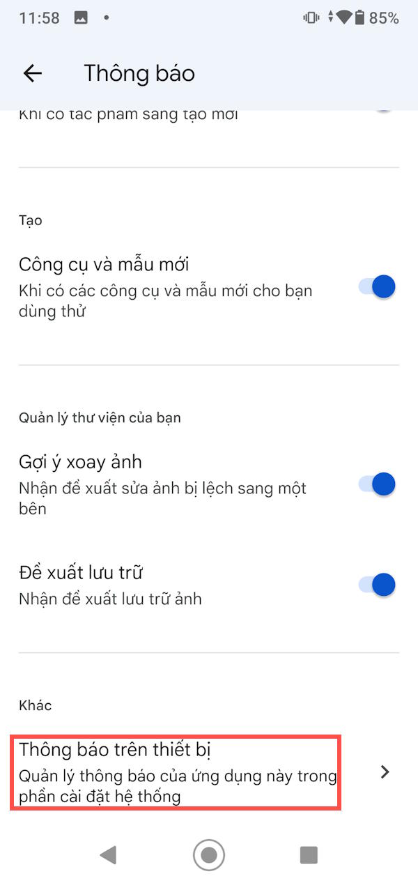 Chỉnh thông báo Google Photos
