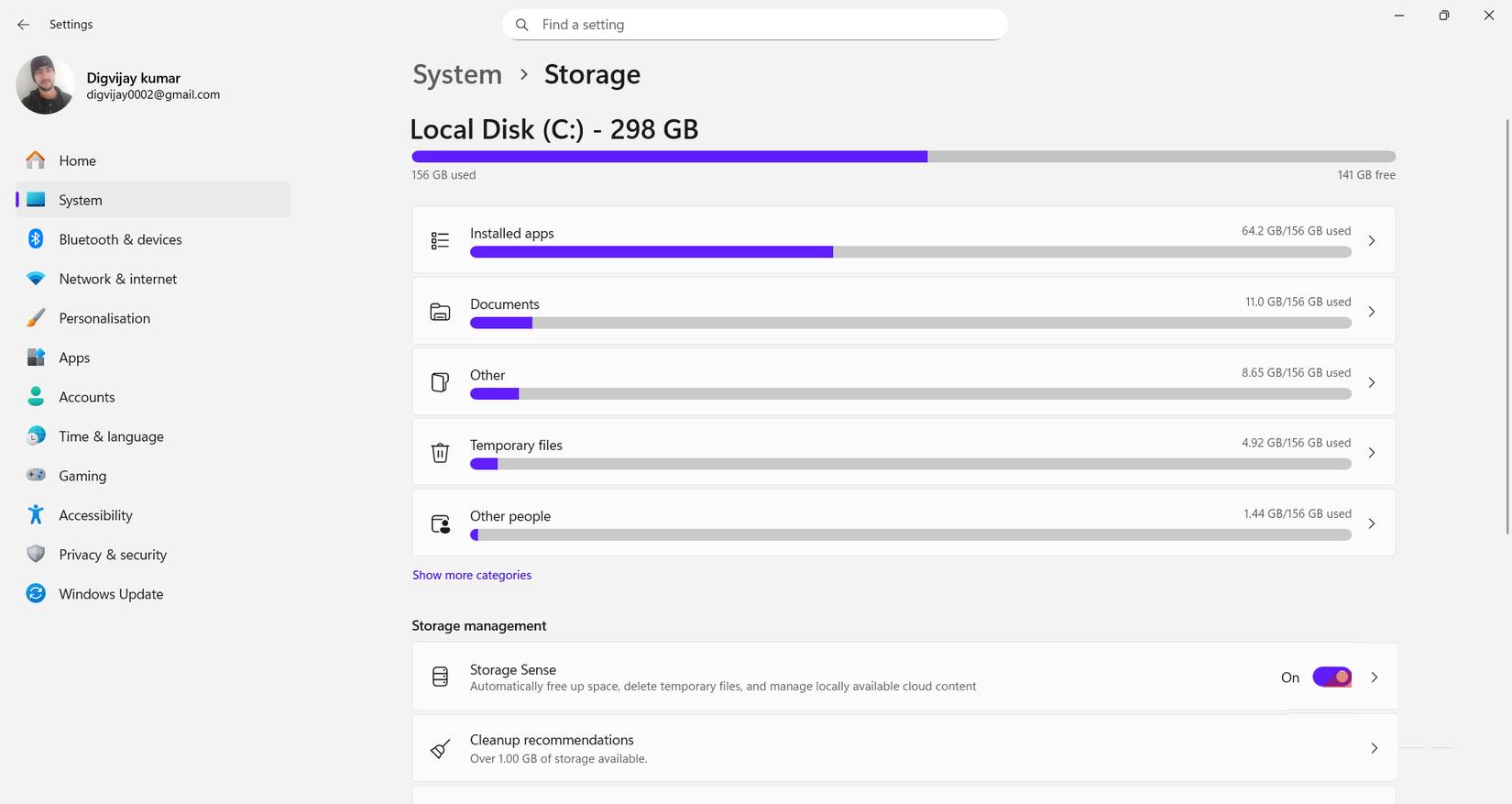 Cài đặt lưu trữ Windows hiển thị mức sử dụng bình thường