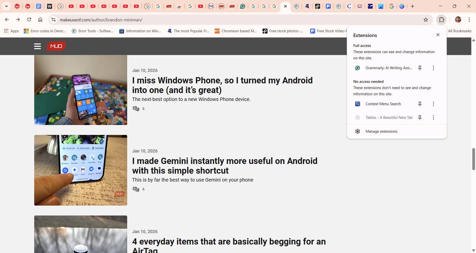 Danh sách tiện ích mở rộng trình duyệt đã cài đặt
