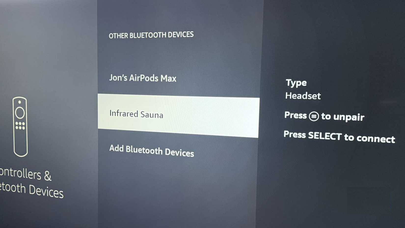 Menu Controllers & Bluetooth Devices trên Fire TV