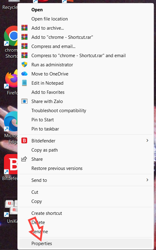 Chọn Properties Chrome
