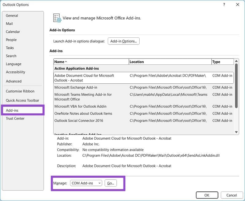Quản lý tiện ích Outlook