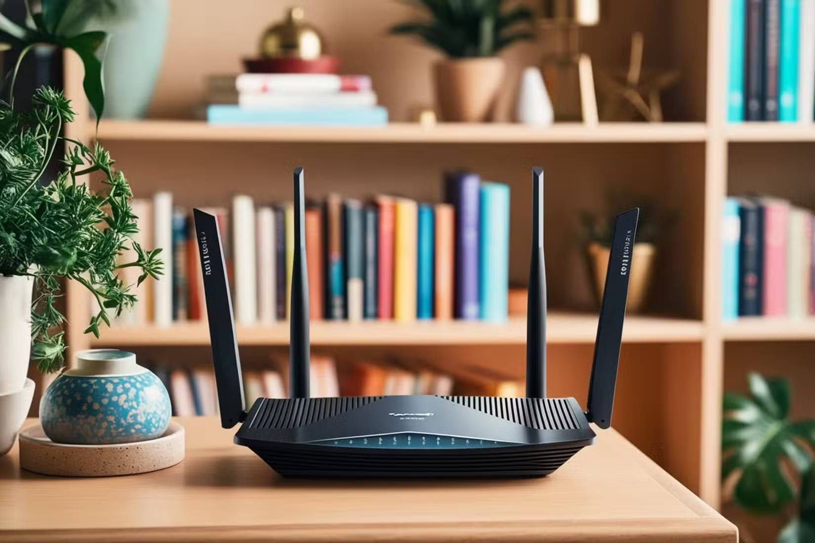 Router với 4 ăng-ten đặt trên bàn trước giá sách