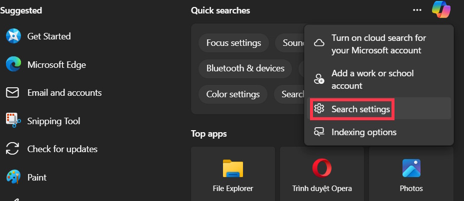 Cài đặt công cụ Search 