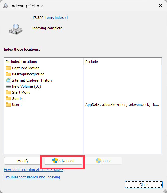 Indexing Options Advanced