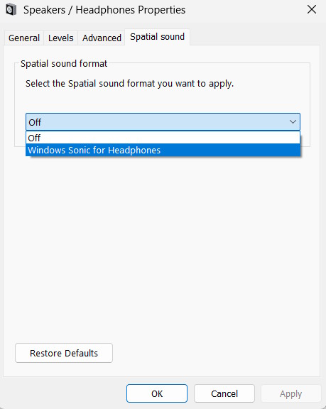 Bật Spatial Sound qua Control Panel