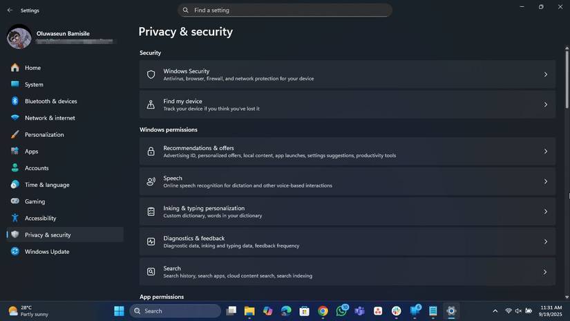 Trang Privacy & security trong Settings Windows 11