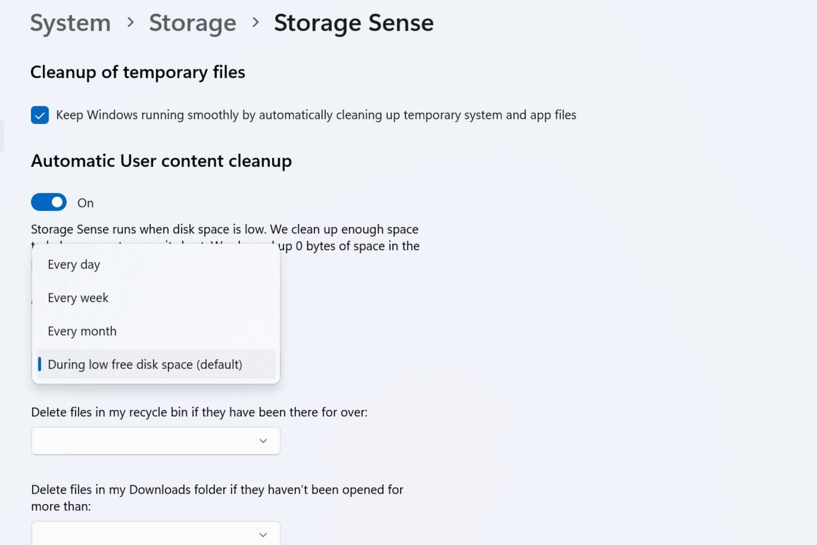 Storage Sense trong ứng dụng Settings trên Windows 11