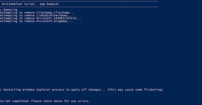 Hoàn thiện việc loại bỏ các ứng dụng không cần thiết với những tùy chọn mặc định