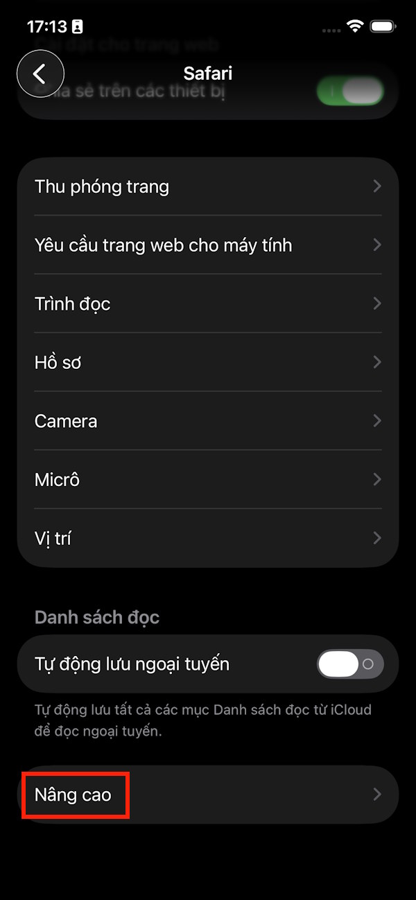 Cài đặt nâng cao Safari