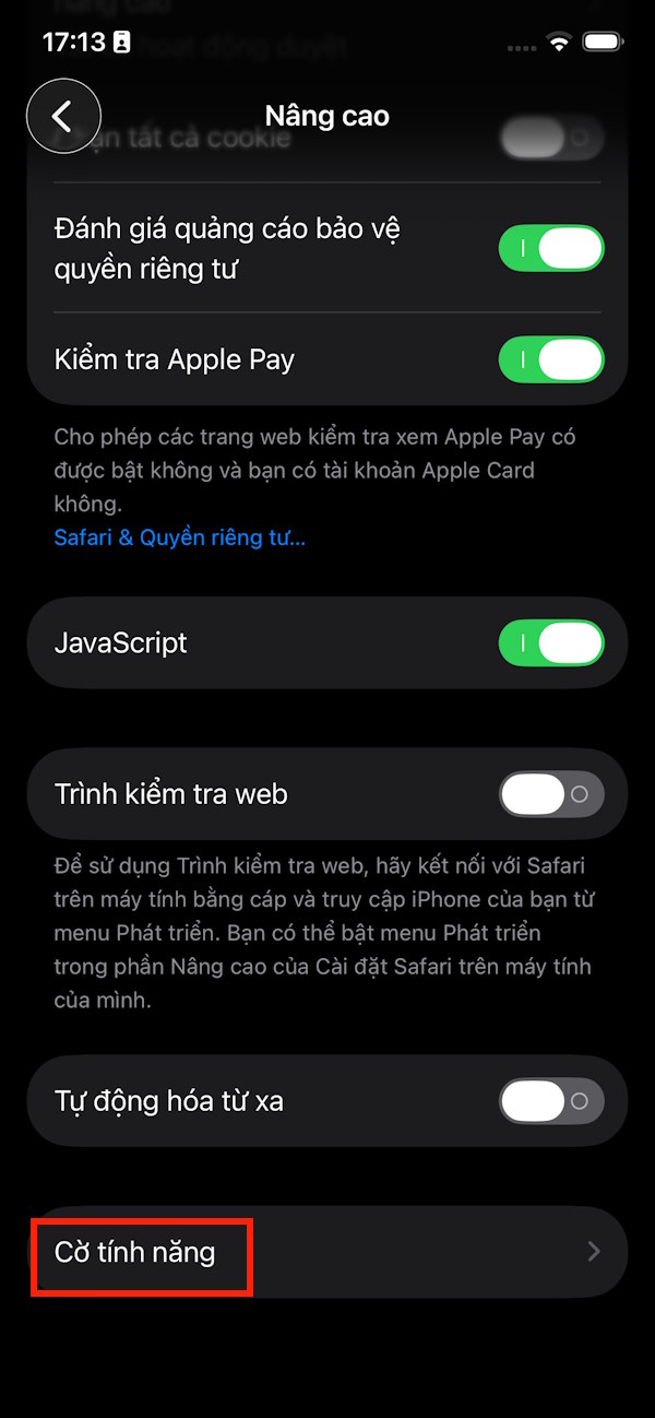 Cờ tính năng để thay đổi Safari