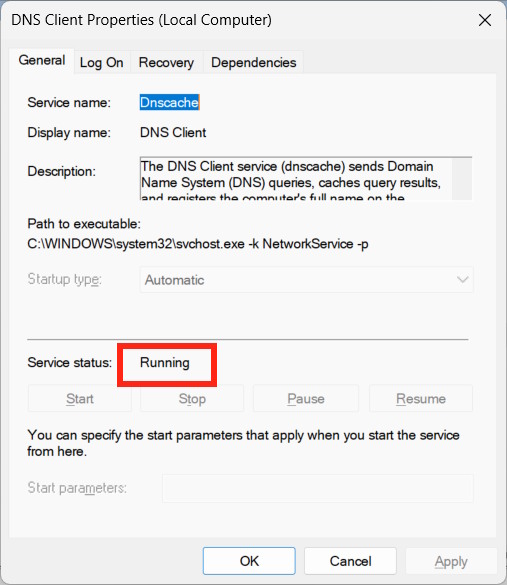 Kiểm tra DNS Client chế độ Running