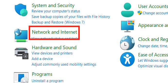 Mở Network and Sharing Center bằng Control Panel