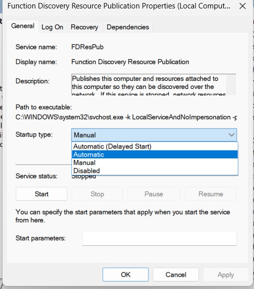 Bật tự động cho Function Discovery Resource Publication
