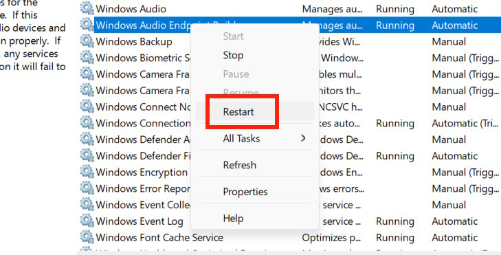 Khởi động lại Windows Audio Endpoint Builder